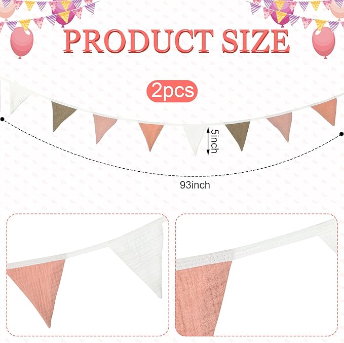 Pennant Banner Garland, Cotton, 2 Strips of 10 Flags, Pink and White