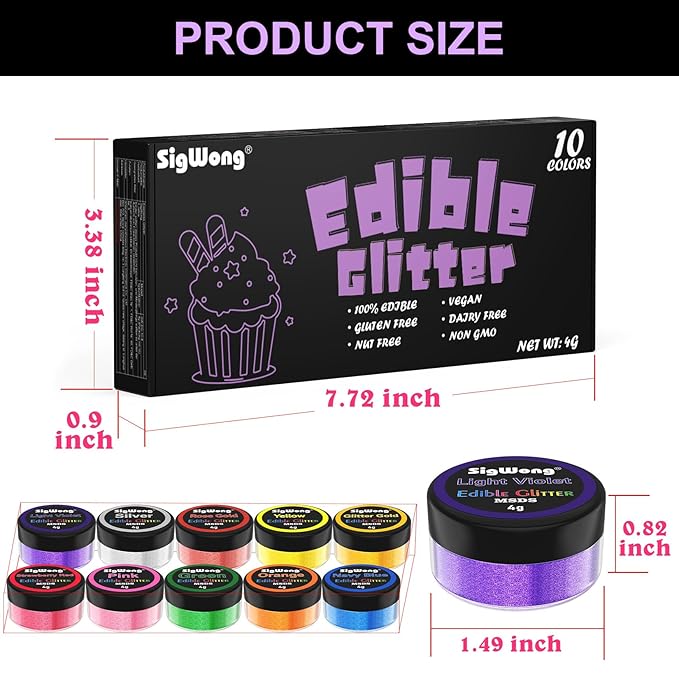 Edible Glitter Powder, 10 Colors, 4 g, Vegan Shimmer for Drinks and Desserts