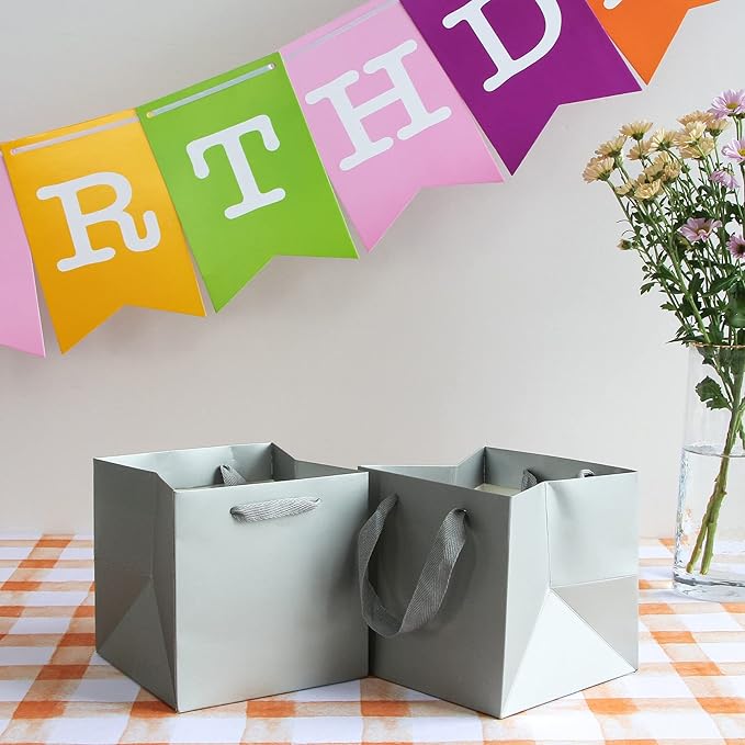 Silver Gray Square Gift Bags 4 in Paper Gift Box Small Square Bottom Kraft Paper Bag with Handles for Wedding Baby Shower Birthday Party (Silver Grey, 4 x 4 x 4 in, 10 CT)