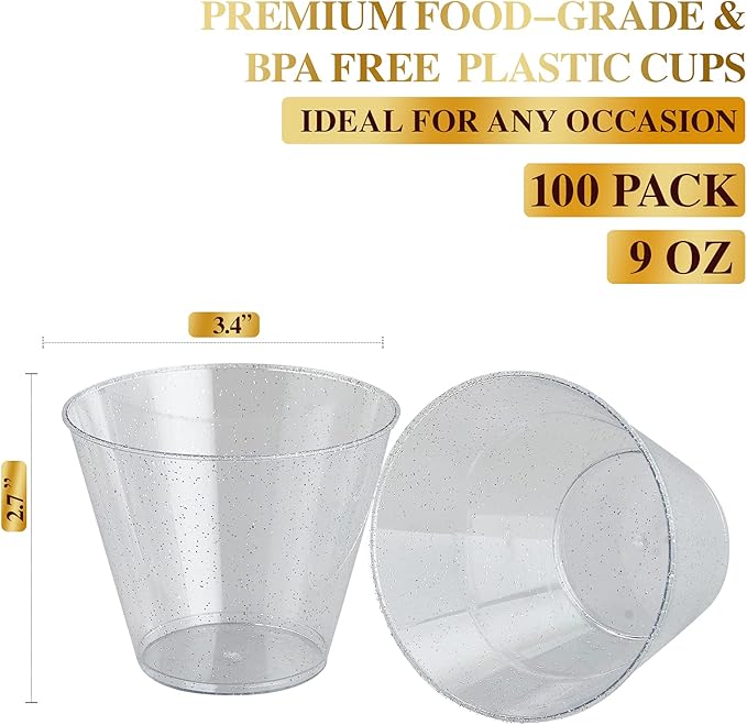 Cups, 9 oz Silver Glitter Hard Plastic Disposable, 100 Pack