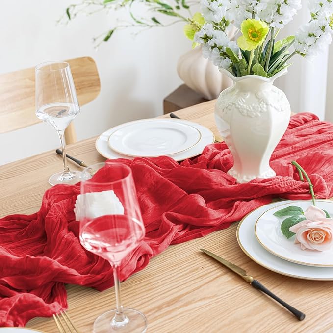 Asee'm 2PCS Fall Table Runner Cheesecloth 10FT Red Boho Gauze Fabric Rustic Sheer Cheese Cloth Runners for Thanksgiving Christmas Wedding Bridal Shower Party