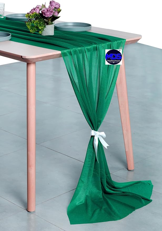 MDS 10 Pack 10ft Chiffon Table Runner 29 x 120 Inches Sheer Wedding Runner Romantic Rustic Table Runner for Wedding Decorations, Birthday Parties, Bridal Shower Party Arch Decor - Emerald Green
