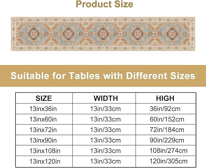 Vintage Boho Floral Table Runner, Rustic Country Farmhouse Grey Blue Orange Bohemia Flower Pattern for Home Kitchen Table Decor Dining Coffee Room Party Decor 13x72in