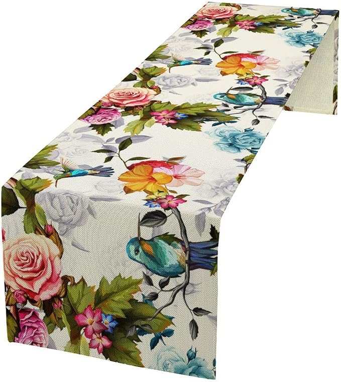 Hummingbird Table Runner,Vintage Floral Country Style Table Cloth Home Kitchen Restaurant Party Decoration 13x120 Inch
