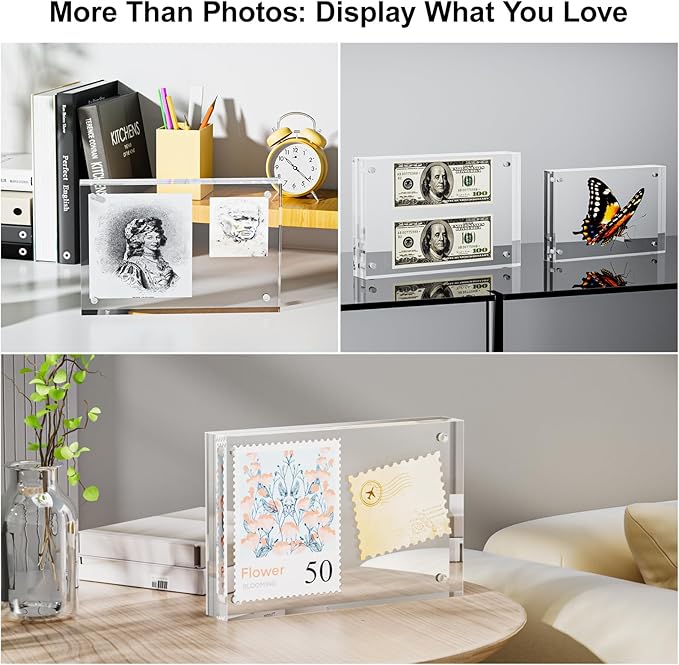 2 Pack 8x10 Acrylic Picture Frames - 20% Thicker Double Sided Magnetic Frame with UV Protection - Freestanding Clear Frameless Display for Tabletops - Modern Photo Frame Set for Home & Office Decor
