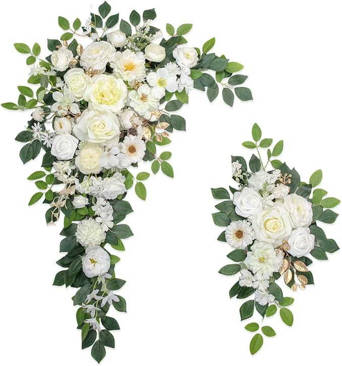 Artificial Flowers Wedding Arch Decor, White Set of 2 with 20 Plastic Stems