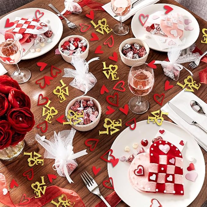 200 Pcs Heart and Love Decorations, Red and Gold Glitter Letter Confetti, Bed Table Scatter Sprinkles for Valentine's Day, Mother's Day, Wedding, Engagement Party Supplies
