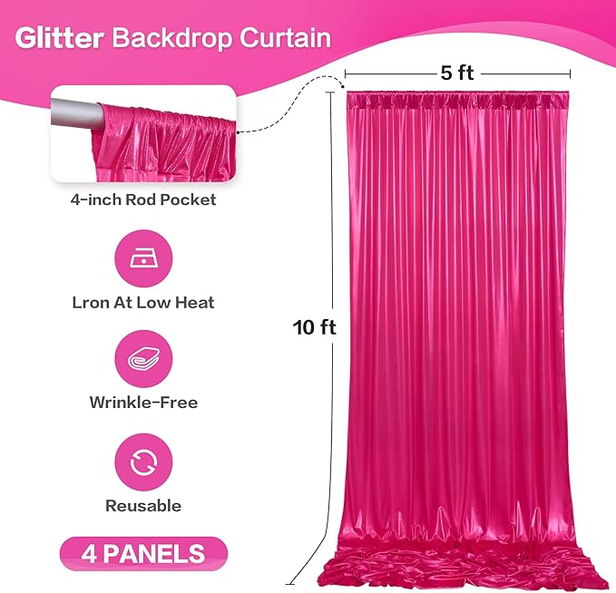 Backdrop Curtain, Hot Pink Sequin, 4 Panels (Each 5x10 Ft)
