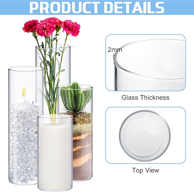 Sawysine 48 Pcs Glass Cylinder Vases 2.5''/2.95''/3.9'' Diameter Clear Flowers Vase Hurricane Floating Candles Holders for Table Centerpieces (2.95 x 6 in,2.95 x 8 in,2.95 x 10 in,2.95 x 12 in)