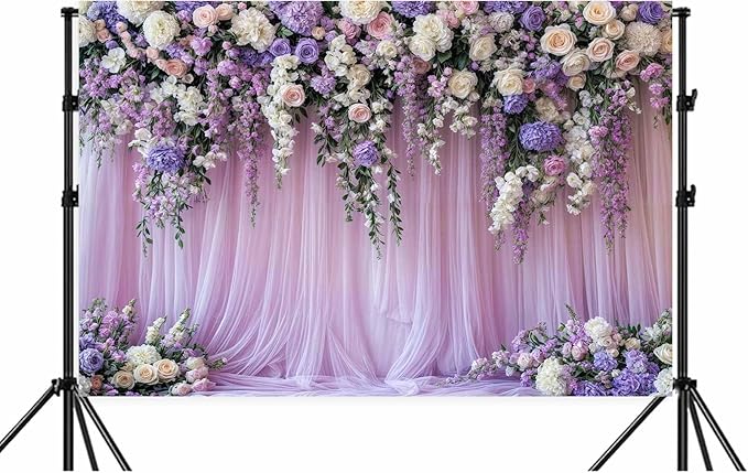7x5ft Purple Lavender Floral Bridal Backdrop Wedding Flower Photography Backdrop for Girl Portrait Baby Shower Birthday Party Decor Banner Mother's Day Party Wall Backdrop Studio Photo Backgrounds