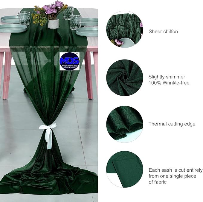 MDS 20 Pack 10ft Chiffon Table Runner 29 x 120 Inches Sheer Wedding Runner Romantic Rustic Table Runner for Wedding Decorations, Birthday Parties, Bridal Shower Party Arch Decor - Hunter Green