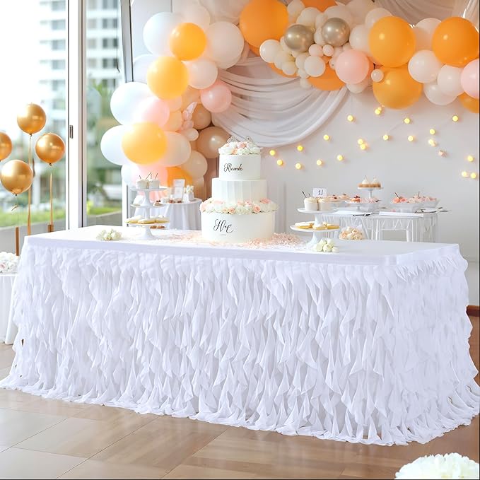 Partisky White Tulle Curly Willow Table Skirt for Rectangle Table 17ft, Ruffle Tutu Table Cloth for Wedding,Bridal Shower, Baby Shower,Birthday Party