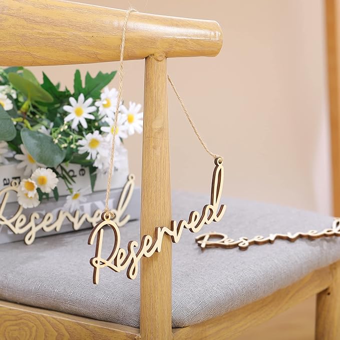 12 Pcs Reserved Seating Signs for Wedding Chairs Hanging Wooden Rustic Reserved Row Signs with Rope Wooden Tag for Wedding Church Pews Restaurant(Wood)