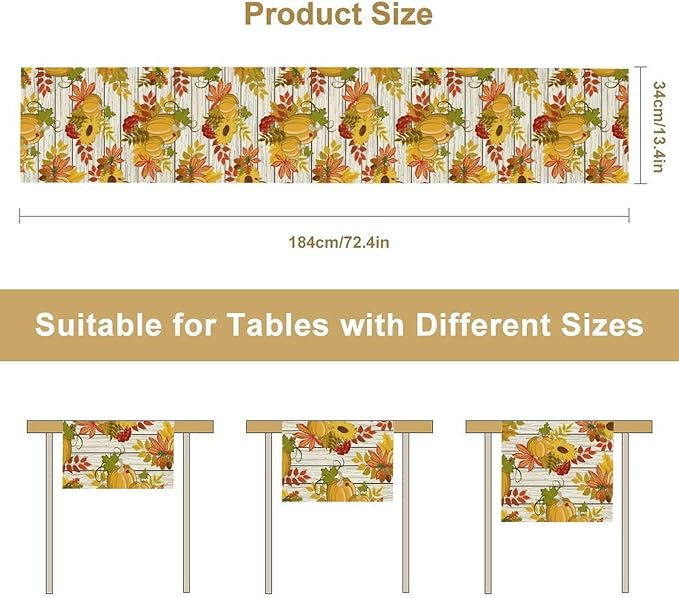 Autumn Table Runner,Seasonal Pumpkins Thanksgiving Kitchen Dining Table Decoration for Home Party Decor 13x90 Inch