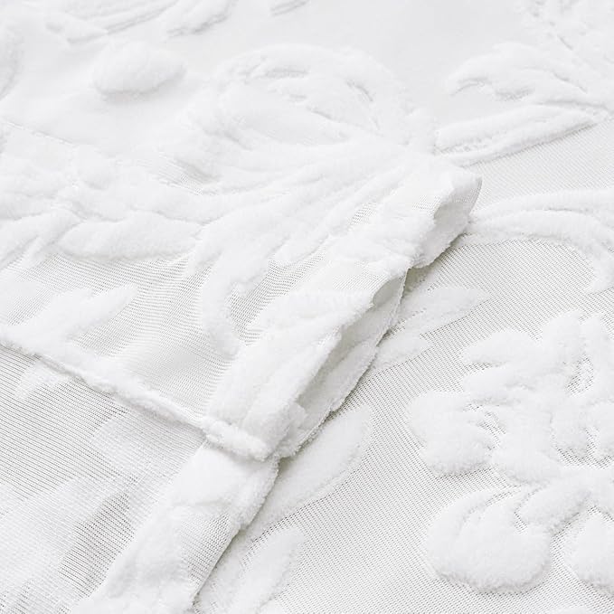 Curtains Sheer White Curtain Panels Boho Farmhouse Drapes with Vintage Floral Pattern 45" Short Length Rod Pocket for Bedroom Living Room Windows French Elegance 3D Relief, Set of 2 (52" Wide Each)