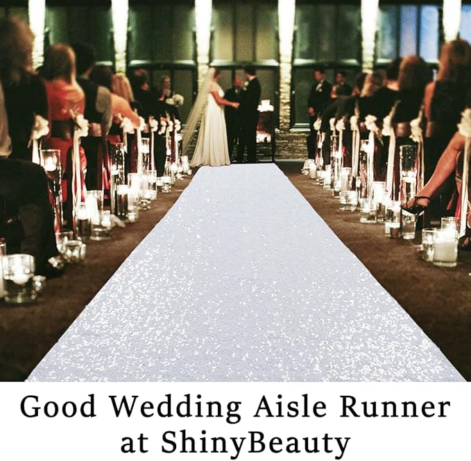 Sequin Aisle Runner, White, 3 x 15 Ft Rectangular for Weddings