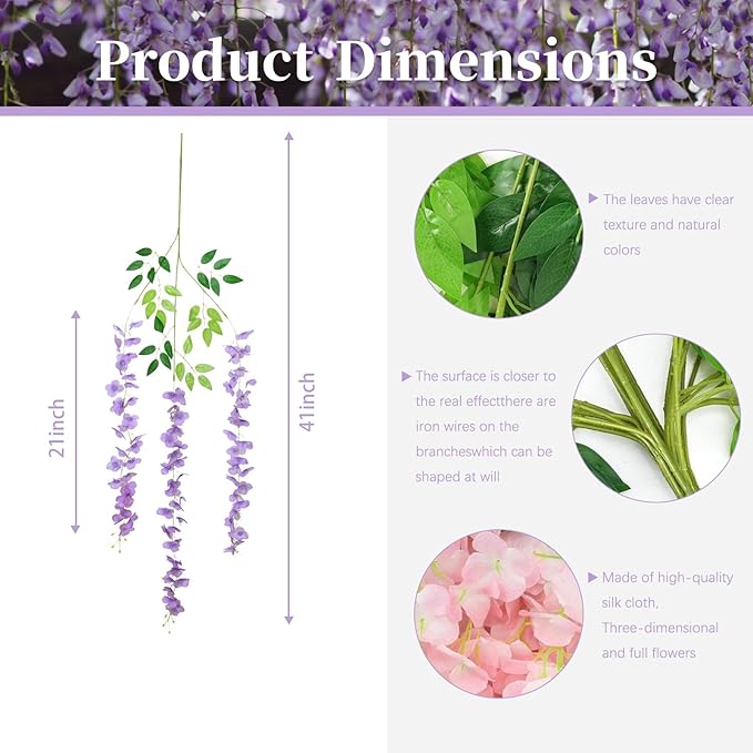 5 Pack Light Purple Wisteria Hanging Flowers, 3.44 Ft Fake Hanging Flowers, Artificial Wisteria Garland Vines for Wedding Room Backdrop Outdoor Patio Garden Decoration