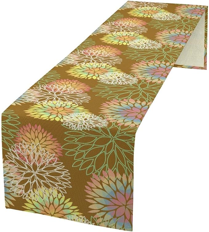 Brown Grey Dahlia Flower Table Runner, Linen Geometric Pattern Floral Table Decor Spring Farmhouse Decorations for Kitchen Dining Holiday Party Decor, 13x60 Inch