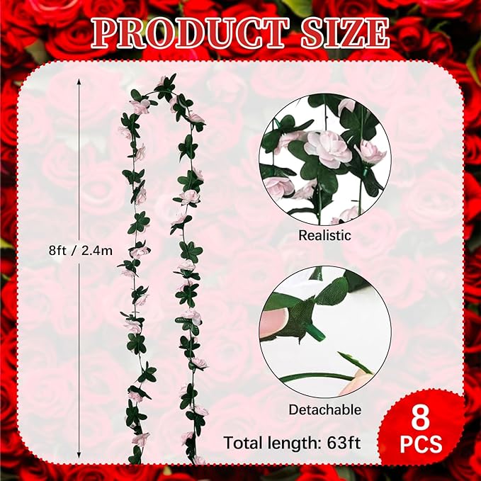 8Pcs 63Ft Light Pink Rose Garland, Fake Rose Hanging Flowers, Artificial Flower Vine, Hanging Floral Vine Garland for Wedding, Birthday Party, Wall Arch, Halloween, Christmas Garden Backdrop Decor