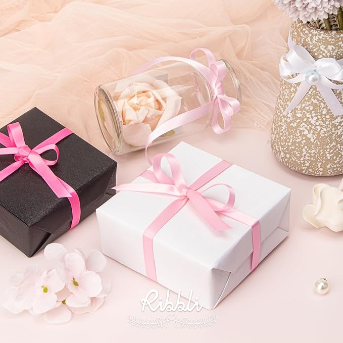 Ribbli Pink Satin Ribbon 3/8 Inch x 4 Rolls Total 40 Yards- White Pink Ribbon for Gift Wrapping Craft Wedding Decoration