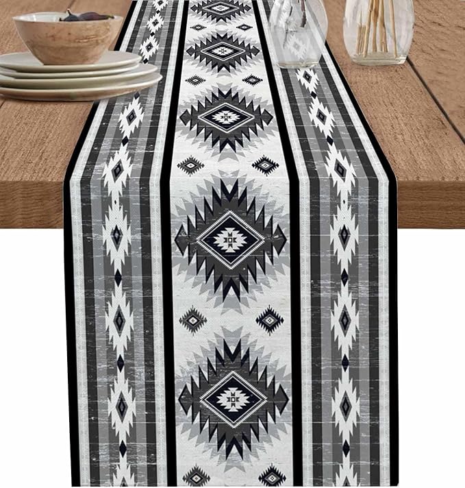Aztec Southwest Cotton Linen Table Runner for Dining Kitchen, Wedding Outdoor Party Tablerunners Decoration, Boho Ethnic Tribes Vintage Grey Dresser Scarf Coffee Tablecloth Runners 13x72 Inches