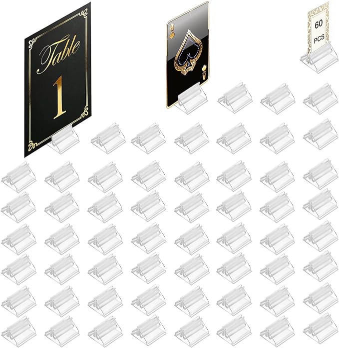 Table Number Place Card Playing Card Holders 60 Pack, Small Clear Acrylic Business Card Holder Stand for Display Paper Game Piece Picture Clip Price Board Photo Memo Menus Label Stand Party, 0.75in