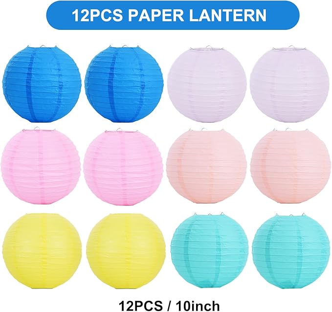Round Paper Lanterns with Metal Frames, 12 Piece Macaroon Party Set