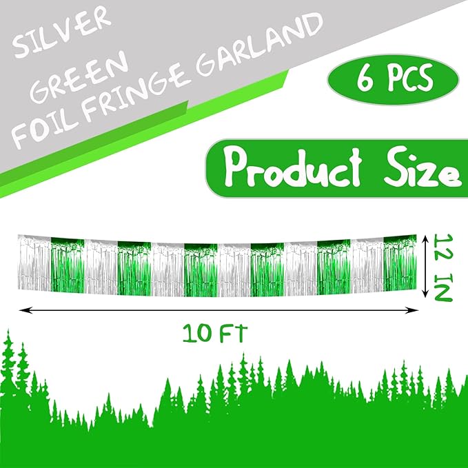 6 Pack 10 Feet Silver Green Foil Fringe Garland Metallic Tinsel Streamers Banner Wall Hanging Backdrop Banner for Parade Floats, Thanksgiving, Christmas, Birthday, Halloween Party Decorations