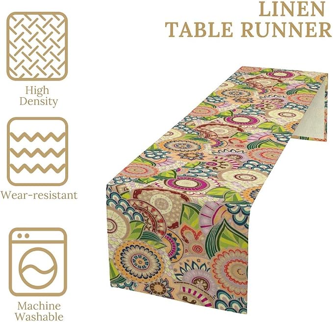 Boho Floral Table Runner,Retro Bohemian Flower Table Runner for Kitchen Dining Table Home Party Decoration 13x108 Inch