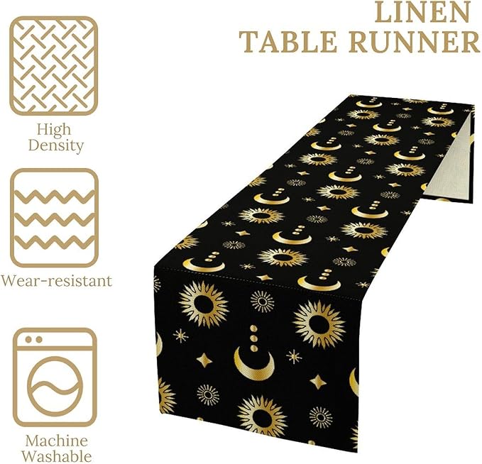 Magic Gold Sun Moon Stars Table Runner Mystical Farmhouse Rustic TableRunner for Party Holiday Dining Room Kitchen 13x108 Inch
