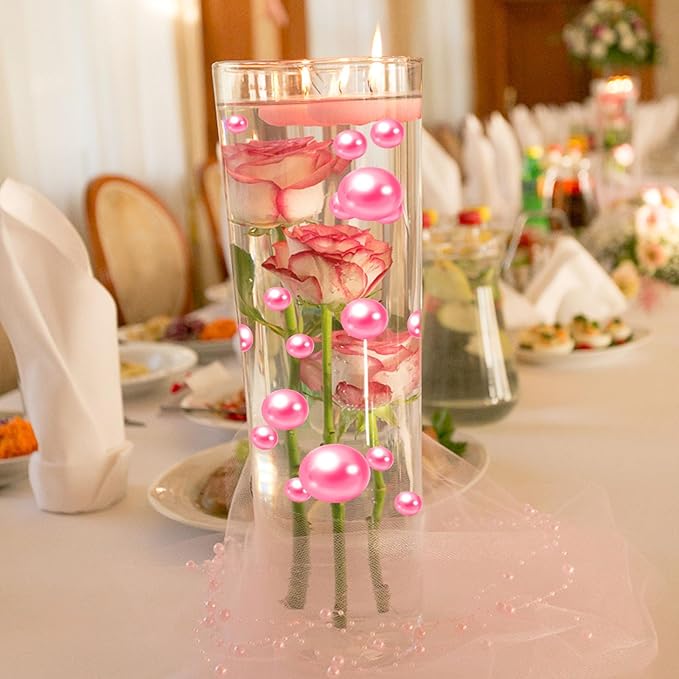Vase Fillers: 100 Fuchsia Plastic Pearl Beads in 3 Sizes, No Hole