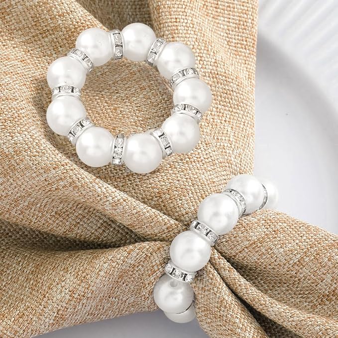 12Pcs Pearl Napkin Rings, Round Napkin Buckles Wedding Beaded White Napkin Rings Silver Napkin Ring Holder for Formal Dinner Reception Party Banquet Table Decor (Sliver)