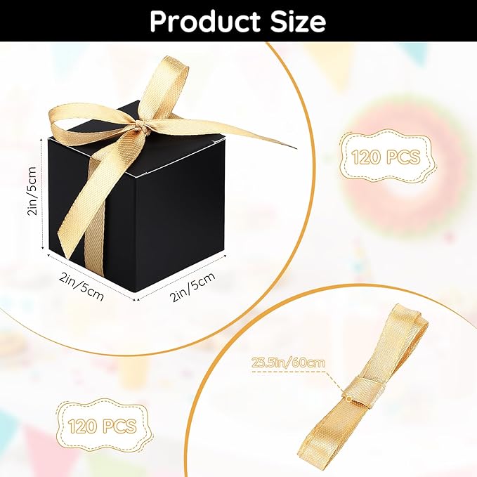 EUSOAR Favor Boxes, 120pcs 2x2x2 Inches Black Small Gift Boxes Macaron Box with Gold Ribbons, Mini Cube Soap Box Candy Storage Chocolate Truffles Container for Wedding Birthday Party DIY Favors