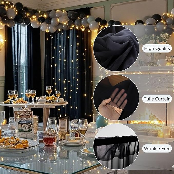 Ledido 10×10ft Tulle Backdrop Curtains with Lights String - 300LED Fairy Lights Sheer Curtain Backdrop for Weddings Baby Shower and Birthday Party Decorations(2 Panels 5×10ft)