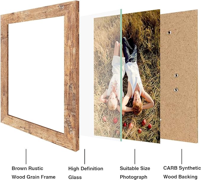 8x10 Picture Frame Set of 4, High Definition Real Glass Rustic Brown Frame, 8 x 10 Wood Photo Frames for Desktop Display and Wall Mounting