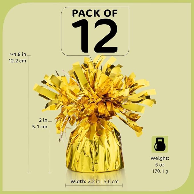 Balloon Weights 12 Pack, Gold Metal with Curling Ribbon