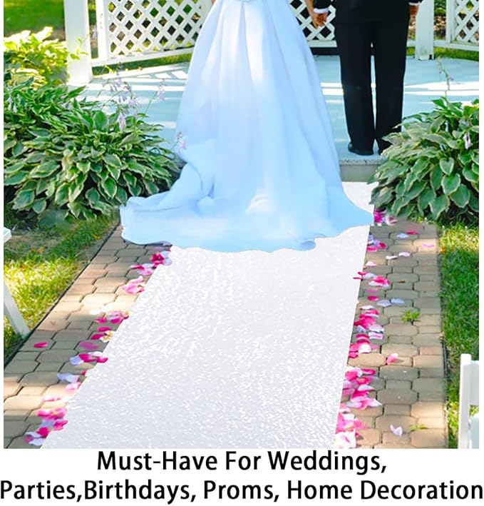 Sequin Aisle Runner, White, 3 x 15 Ft Rectangular for Weddings