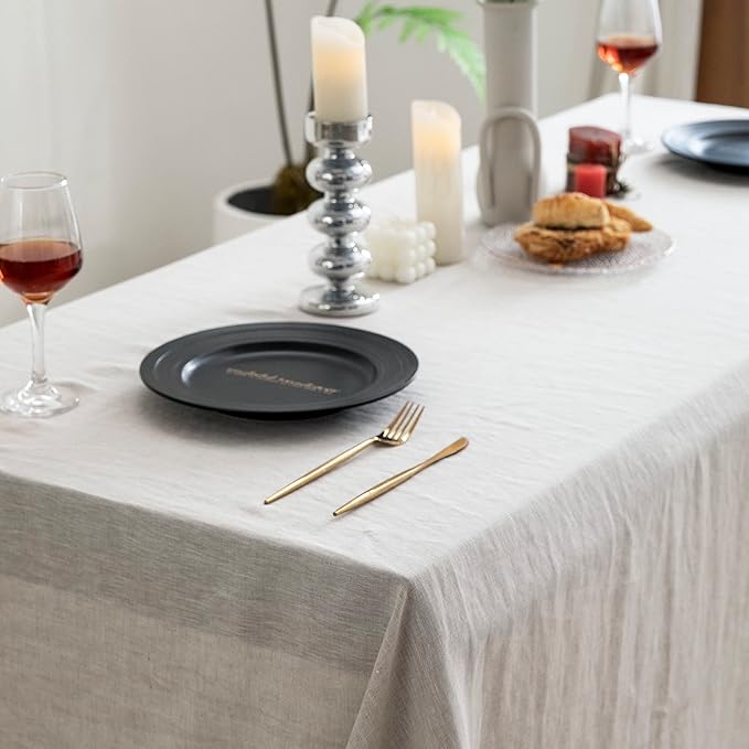 EVERLY100% Pure Linen Rectangle Tablecloths132Lx60WInch for Dining,Buffet Parties,Picnic,Events,Weddings and Restaurants,Decorative Halloween,Thanksgiving Machine Washable Tablecloths-Natural Linen