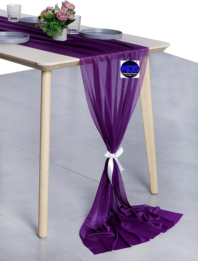 MDS Halloween Chiffon Table Runner - 15 Pack, 29 x 170 Inches, 14ft Each - Sheer Spooky Table Runners for Haunted House Parties, Trick-or-Treat Tables, Witchy Décor, Wedding & Events - Cadbury Purple