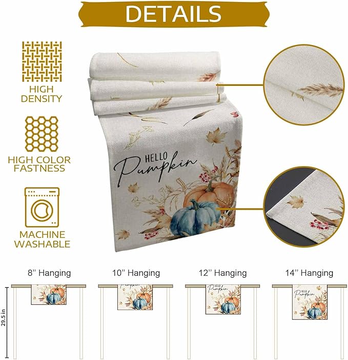 Fall Thanksgiving Cotton Linen Table Runner for Dining Kitchen, Orange Pumpkins Outdoor Party Autumn Tablerunners Decoration Rustic Wheat Leaves Dresser Scarf Coffee Tablecloth Runners 13x120 Inches