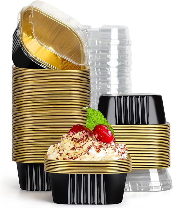 Baking Cups with Lids, 10 oz Aluminum Foil, 100 Count, Black & Gold