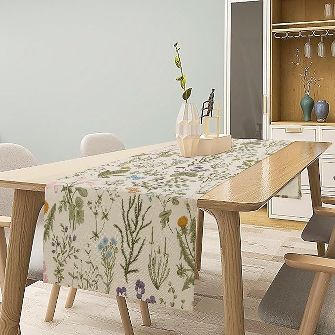 Floral Botanical Table Runner, Garden Spring Flower Botanical Butterfly Animal for Restaurant, Kitchen, Wedding, Party Rectangular Table Runner Decoration,13in（33cm） W * 120in（305cm） L