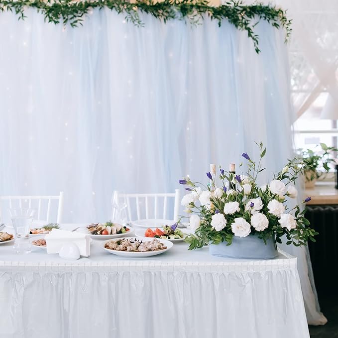 TURSTIN 8 Pieces White Plastic Table Skirts 14 Feet x 29 Inch for Rectangle Tables Fitted Tablecloth Disposable Table Cover for Birthday Party, Events, Banquette Baby Shower