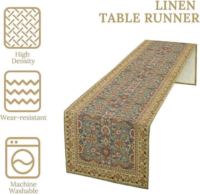 Boho Floral Vintage Beige Blue Table Runner, Retro Flower Rustic Country Farmhouse Abstract Pattern for Home Kitchen Table Decor Dining Coffee Room Party Decor 13x120in