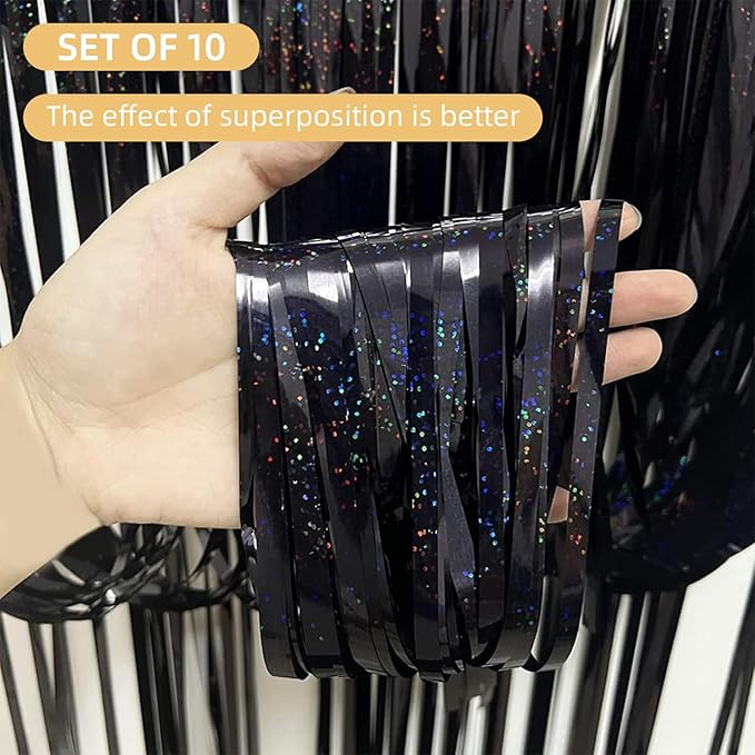 10 Pack Black Backdrop Curtain 3.2ft x 8.2ft Metallic Tinsel Foil Fringe Curtains Photo Booth Background for Birthday Party Decoration Baby Shower Engagement Wedding Christmas Decoration (Black)