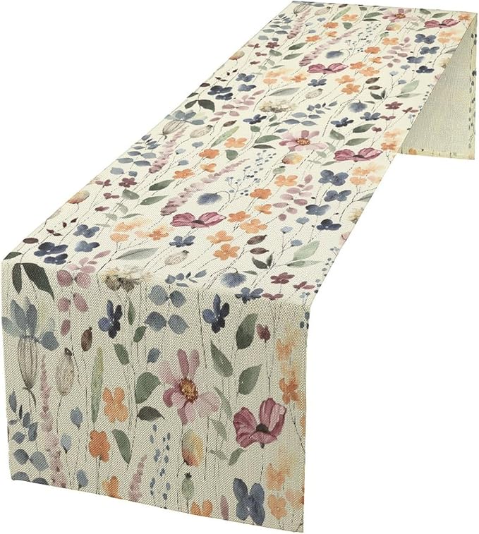Watercolor Floral Table Runner, Vintage Colorful Floral Natural Style Pattern Decorative Home Restaurant Kitchen Rectangle Table Runner,13in（33cm） W * 108in（274cm） L