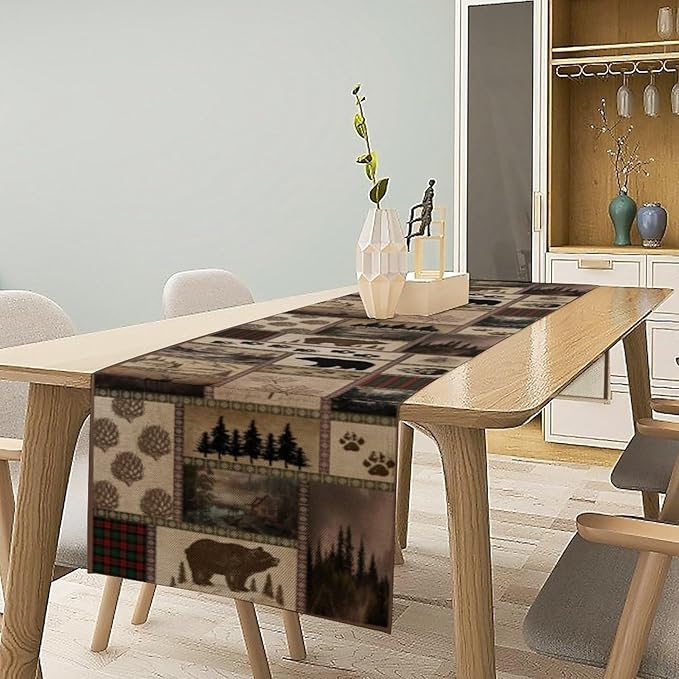 Retro Rusticd Cabin Table Runner Bear Country Farmhouse Vintage Lodge Table Runner for Party Dinner Festival Bedroom Living Room Kitchen 13x36 Inch