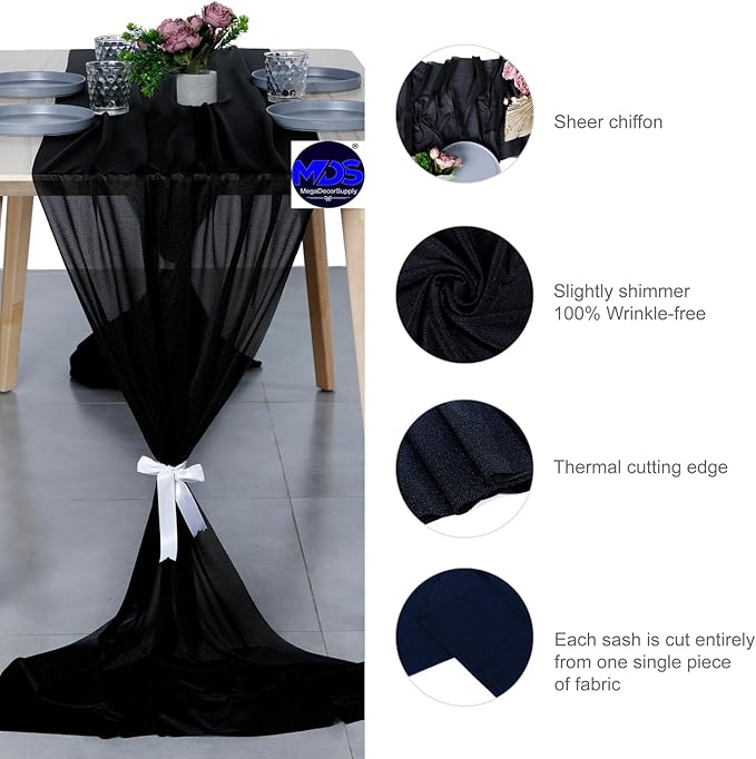 MDS Halloween Chiffon Table Runner - 10 Pack, 29 x 170 Inches, 14ft Each - Sheer Spooky Table Runners for Haunted House Parties, Trick-or-Treat Tables, Witchy Décor, Wedding & Events - Black