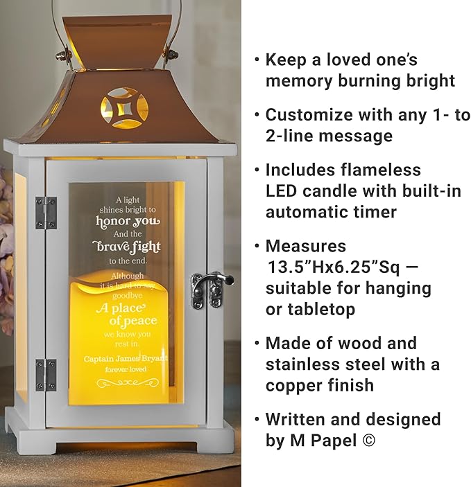 Decorative Candle Lantern, Memorial Design, Copper Finish, 13.5-Inch Tall