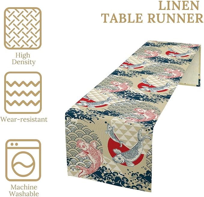 Japanese Table Runner Oriental Tradition Kio Fish Art Printed Burlap Runner Home Kitchen Dining Table Living Room Decor Fabric 1 Panel W13xL108in